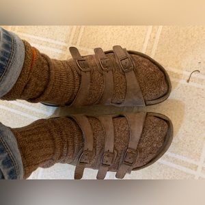 Authentic Birkenstocks, medium brown 3 strap, “Florida” style Birkenstock